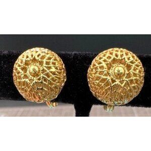 Vintage Monet Earrings Gold Tone Round Hollow Filigree Clip
